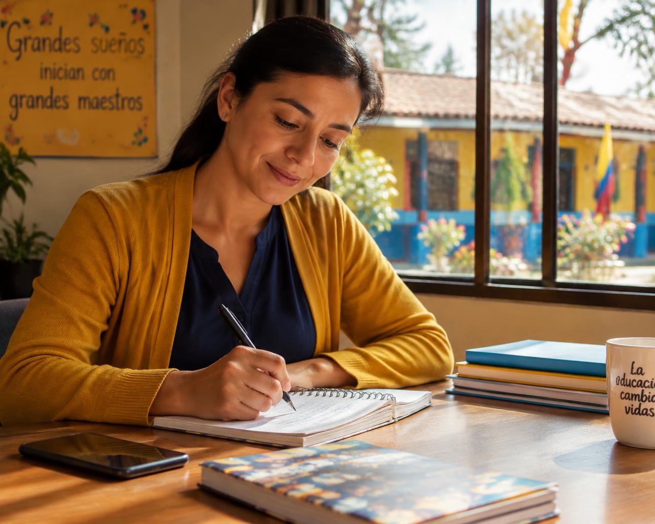 Docente colombiana estudiando para el concurso